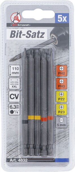 Bit-Satz | Antrieb Außensechskant 6,3 mm (1/4") | Kreuzschlitz PH, Kreuzschlitz PZ, Schlitz | Länge 110 mm | 5-tlg.