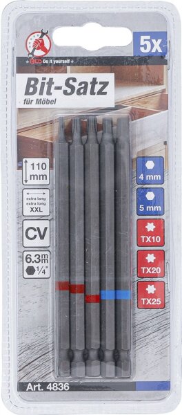 Bit-Satz | Antrieb Außensechskant 6,3 mm (1/4") | Innensechskant, T-Profil (für Torx) | Länge 110 mm | 5-tlg.