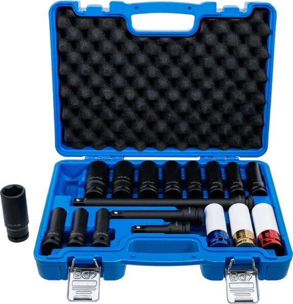 Kraft-Steckschlüssel- und Kraft-Schoneinsatz-Satz | Sechskant | Antrieb Innenvierkant 12,5 mm (1/2") | SW 10 - 24 mm | 18-tlg.
