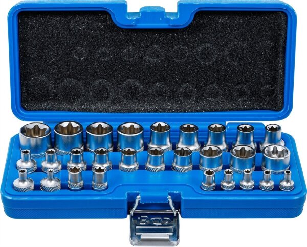 Steckschlüssel-Einsatz-Satz, E-Profil | Antrieb Innenvierkant 6,3 mm (1/4") / 12,5 mm (1/2") | SW E4 - E24 | 28-tlg.