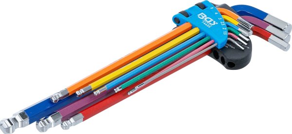Winkelschlüssel-Satz | Multicolour | extra lang | Innensechskant, Innensechskant mit Kugelkopf 1,5 - 10 mm | 9-tlg.