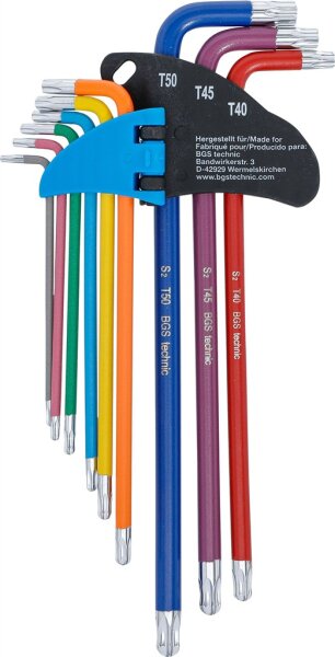 Winkelschlüssel-Satz | Multicolour | extra lang | T-Profil (für Torx) mit Bohrung und Kugelkopf T10 - T50 | 9-tlg.