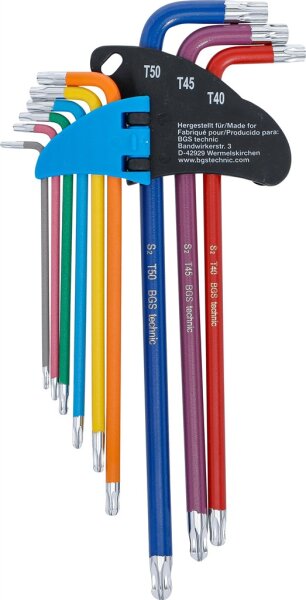 Winkelschlüssel-Satz | Multicolour | extra lang | T-Profil (für Torx) mit Kugelkopf T10 - T50 | 9-tlg.