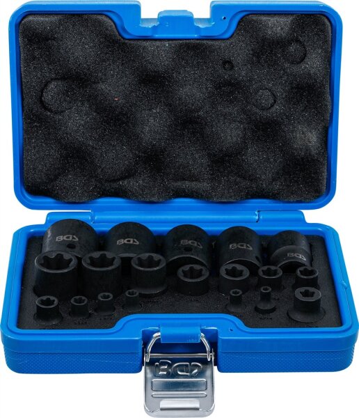 Kraft-Steckschlüssel-Einsatz-Satz | E-Profil Plus | Antrieb Innenvierkant 6,3 mm (1/4"), 10 mm (3/8"), 12,5 mm (1/2") | SW EP4 - E32 | 19-tlg.