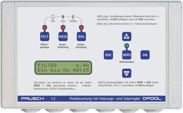 OKU DPOOL-Filtersteuerung, mit Heizungs- und  Solarregelung, für 230V und 400V Filterpumpen