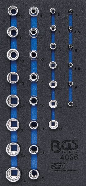 Werkstattwageneinlage 1/3: Steckschlüssel-Einsätze Zwölfkant | 6,3 mm (1/4") / 12,5 mm (1/2") | 29-tlg.