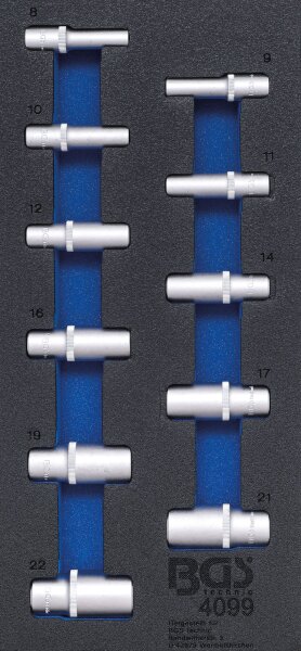 Werkstattwageneinlage 1/3: Steckschlüssel-Einsätze Sechskant | 10 mm (3/8") | in Zollgrößen| tief | 11-tlg.