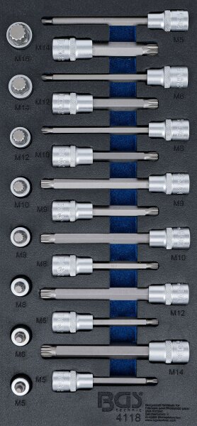 Werkstattwageneinlage 1/3: Bit-Einsatz-Satz | Antrieb Innenvierkant 12,5 mm (1/2") | Innenvielzahn (für XZN) | 22-tlg.
