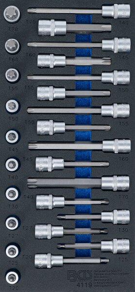 Werkstattwageneinlage 1/3: Bit-Einsatz-Satz | Antrieb Innenvierkant 12,5 mm (1/2") | T-Profil (für Torx) | 26-tlg.