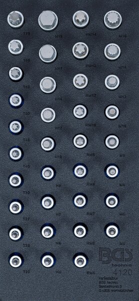 Werkstattwageneinlage 1/3: Bit-Einsatz-Satz | Antrieb Innenvierkant 12,5 mm (1/2") | Innensechskant, T-Profil (für Torx), Innenvielzahn (für XZN), Keil-Profil (für RIBE) | 36-tlg.