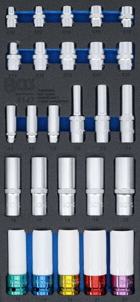 Werkstattwageneinlage 1/3: Steckschlüssel-Einsätze | Sechskant, tief 11 - 22 mm | E-Profil E10 - E22 | 6,3 mm (1/4"), 10 mm (3/8"), 12,5 mm (1/2") | 26-tlg.