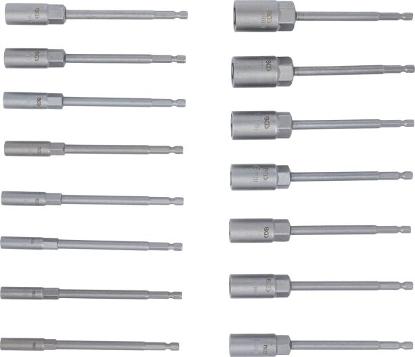 Steckschlüssel-Einsatz-Satz, Sechskant | extra lang | Antrieb Außensechskant 6,3 mm (1/4") | für Bohrmaschinen | SW 5,5 - 19 mm | 15-tlg.