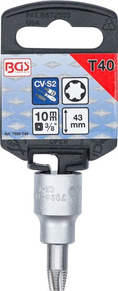 Schraubenausdreher-Bit-Einsatz | Antrieb Innenvierkant 10 mm (3/8") | für defektes T-Profil (für Torx) T40