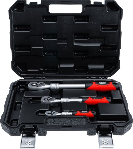 Umschaltknarren-Satz | ausziehbar | Abtrieb Außenvierkant 6,3 mm (1/4") - 10 mm (3/8") - 12,5 mm (1/2") | 3-tlg.