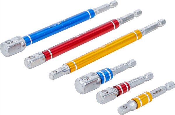 Adapter-Satz für Bohrmaschinen | farbig | Antrieb Außensechskant 6,3 mm (1/4") | Abtrieb Außenvierkant 6,3 mm (1/4"), 10 mm (3/8"), 12,5 mm (1/2") | 75 - 150 mm | 6-tlg.